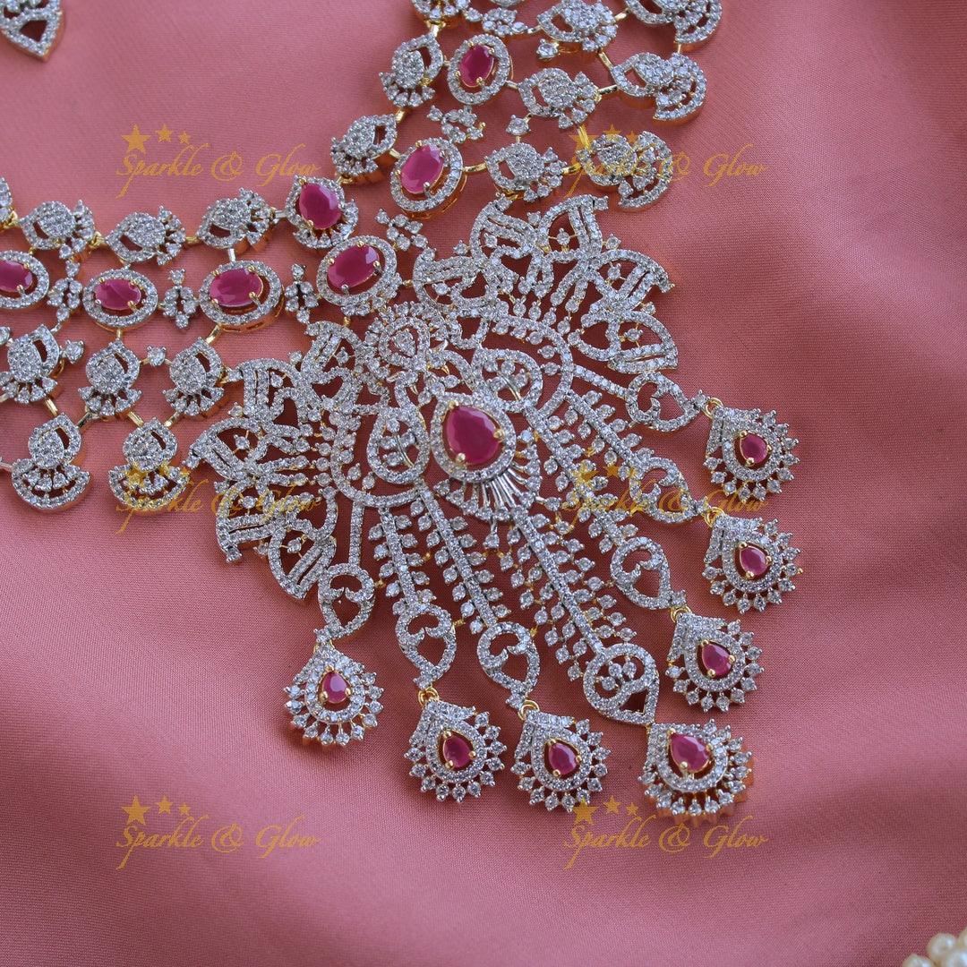 Grand intricate floral design American diamond long necklace with ruby and stone drops - pink - Sparkle and Glow