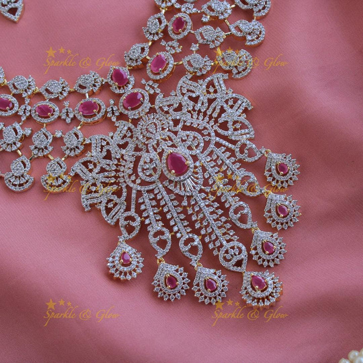 Grand intricate floral design American diamond long necklace with ruby and stone drops - pink - Sparkle and Glow