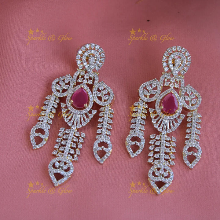 Grand intricate floral design American diamond long necklace with ruby and stone drops - pink - Sparkle and Glow
