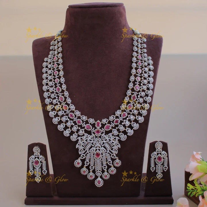 Grand intricate floral design American diamond long necklace with ruby and stone drops - pink - Sparkle and Glow