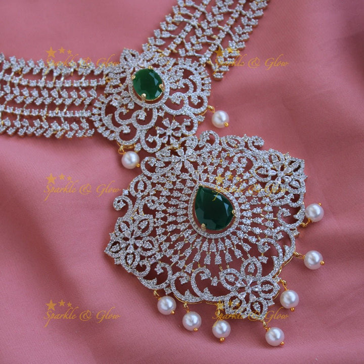 Sparkling Floral leaflet design American diamond long necklace with emerald and pearl drops - Sparkle and Glow - Back Thread - 