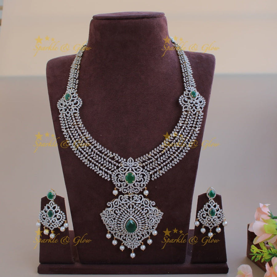 Sparkling Floral leaflet design American diamond long necklace with emerald and pearl drops - Sparkle and Glow - Back Thread - 