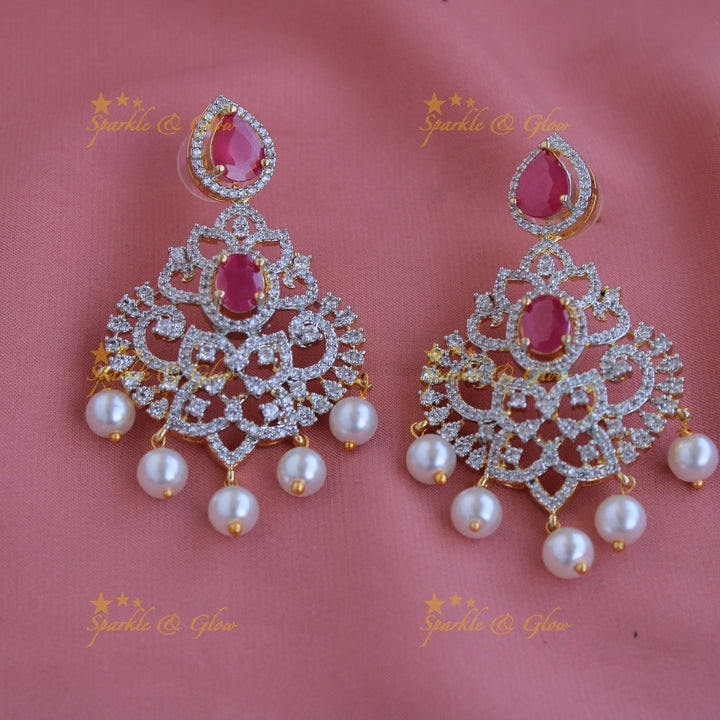Sparkling Floral leaflet design American diamond long necklace with ruby and pearl drops - pink