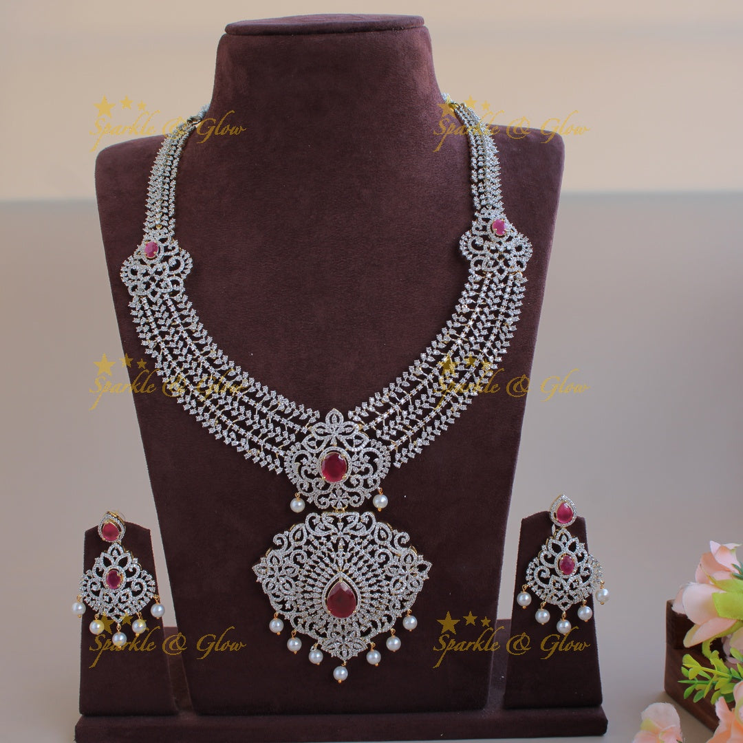 Sparkling Floral leaflet design American diamond long necklace with ruby and pearl drops - pink