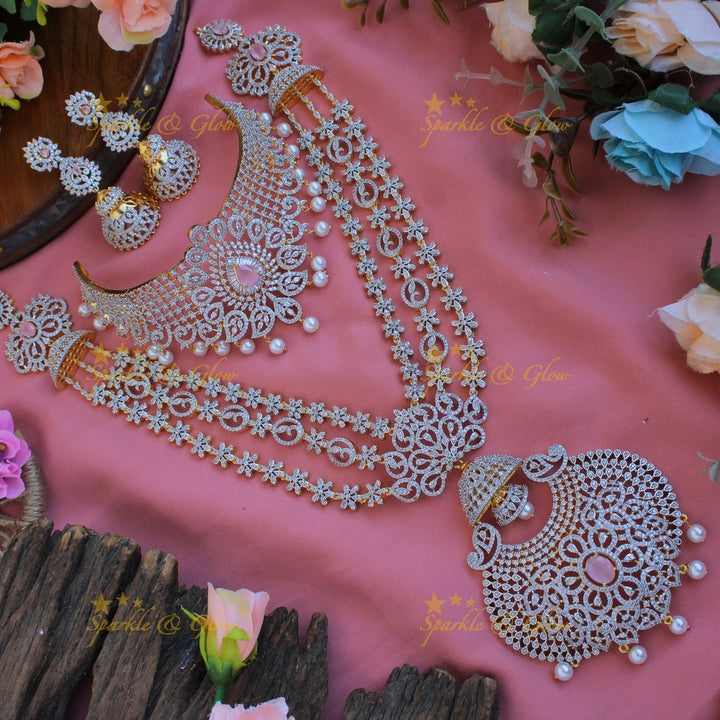 Grand Floral layer haram and choker American diamond necklace set with mint green stone and pearl drops - Sparkle and Glow - Pink - Back Thread