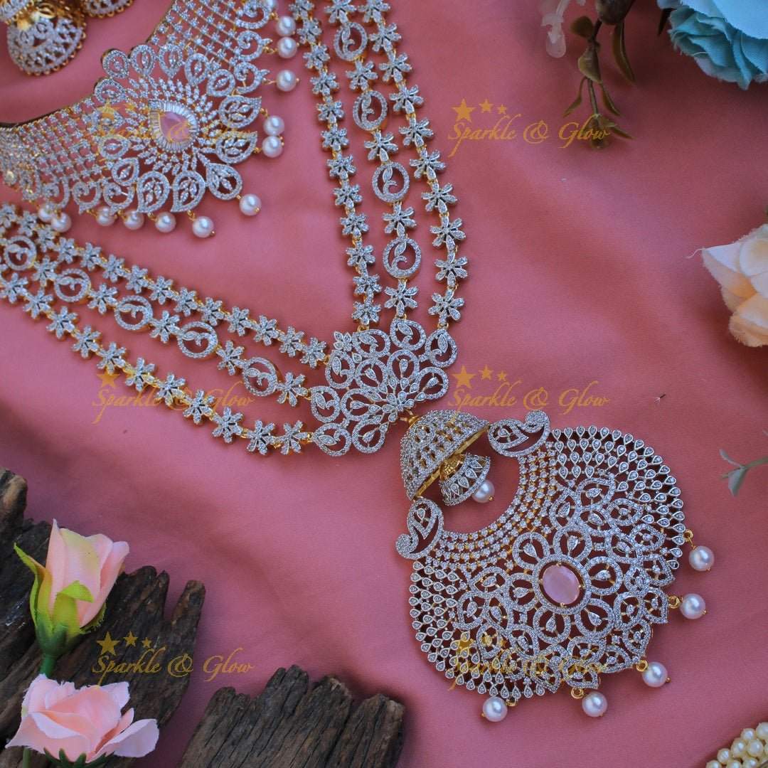 Grand Floral layer haram and choker American diamond necklace set with mint green stone and pearl drops - Sparkle and Glow - Mint green - Back Thread