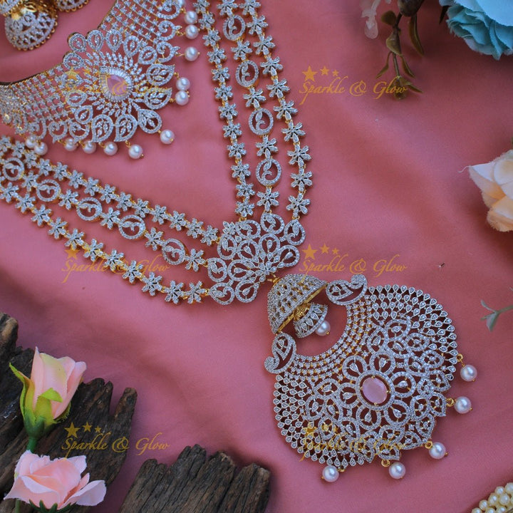 Grand Floral layer haram and choker American diamond necklace set with mint green stone and pearl drops - Sparkle and Glow - Mint green - Back Thread