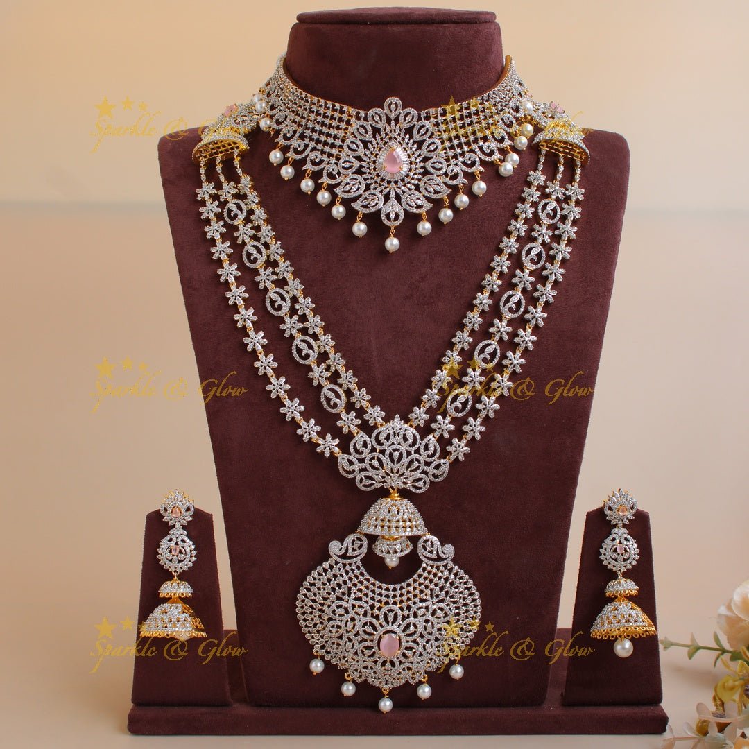 Grand Floral layer haram and choker American diamond necklace set with mint green stone and pearl drops - Sparkle and Glow - Pink - Back Thread
