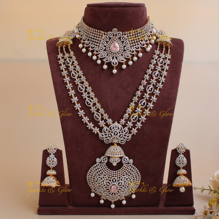 Grand Floral layer haram and choker American diamond necklace set with mint green stone and pearl drops - Sparkle and Glow - Pink - Back Thread