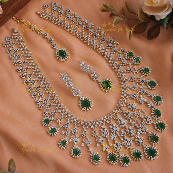 Gorgeous Floral drop design American diamond long necklace with maang tikka with ruby - pink