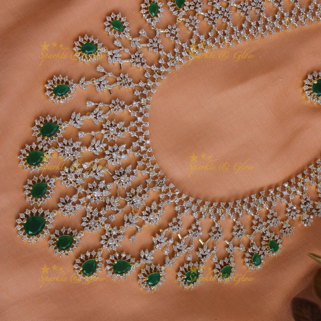 Gorgeous Floral drop design American diamond long necklace with maang tikka with emerald - Sparkle and Glow - Back Thread - 