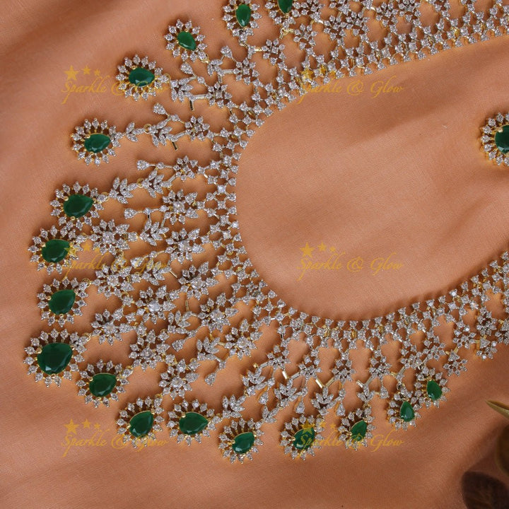 Gorgeous Floral drop design American diamond long necklace with maang tikka with emerald - Sparkle and Glow - Back Thread - 