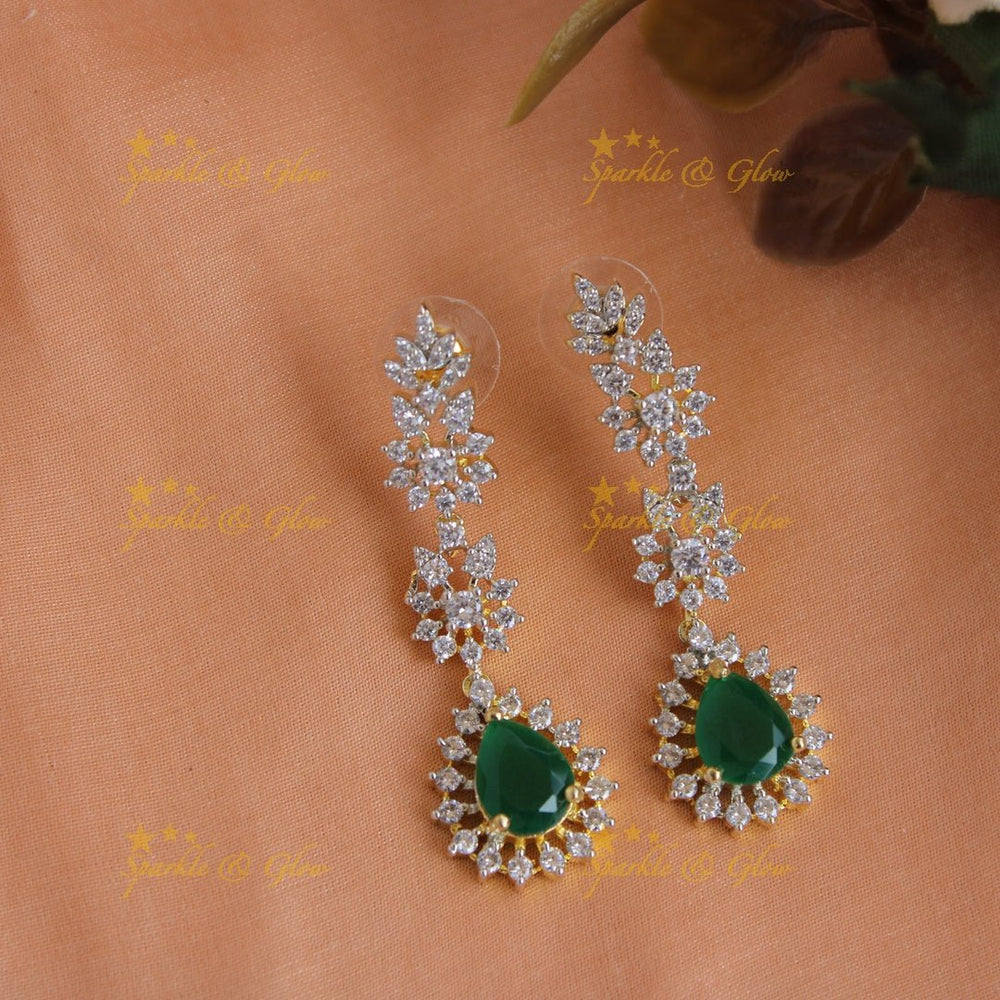 Gorgeous Floral drop design American diamond long necklace with maang tikka with emerald - Sparkle and Glow - Back Thread - 