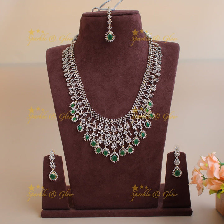 Gorgeous Floral drop design American diamond long necklace with maang tikka with emerald - Sparkle and Glow - Back Thread - 