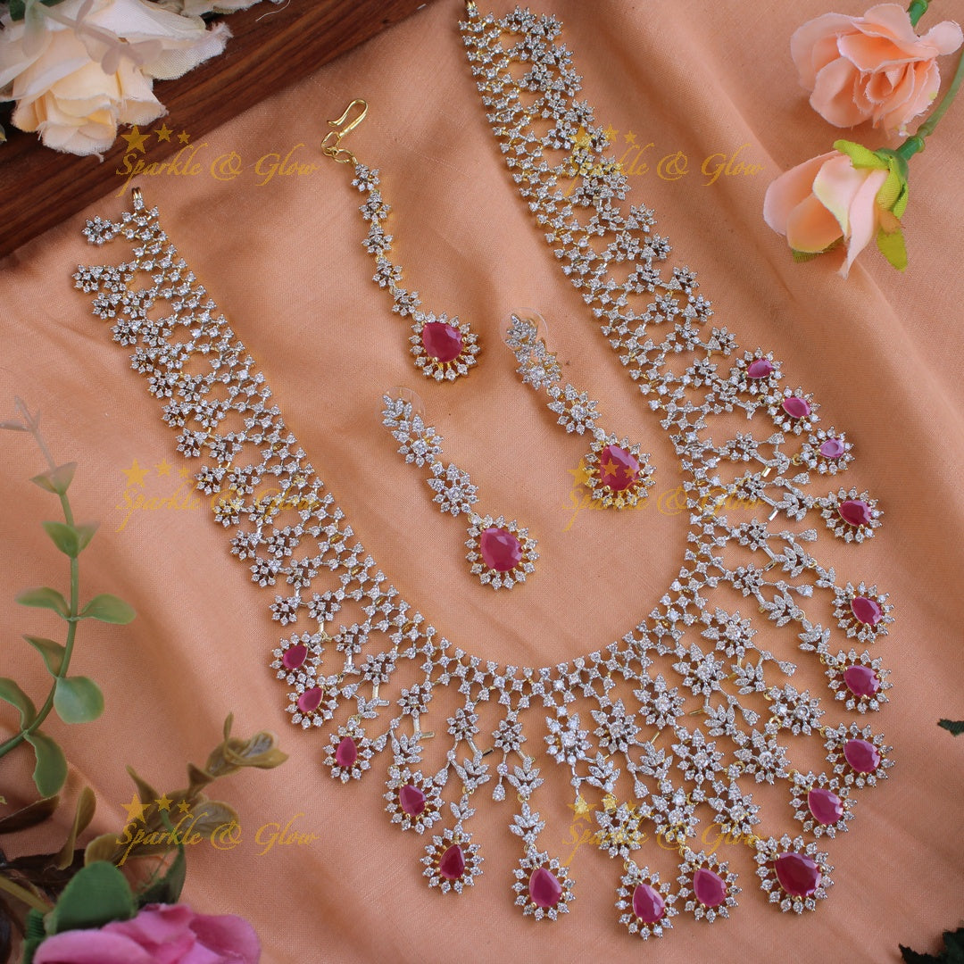 Gorgeous Floral drop design American diamond long necklace with maang tikka with ruby - pink