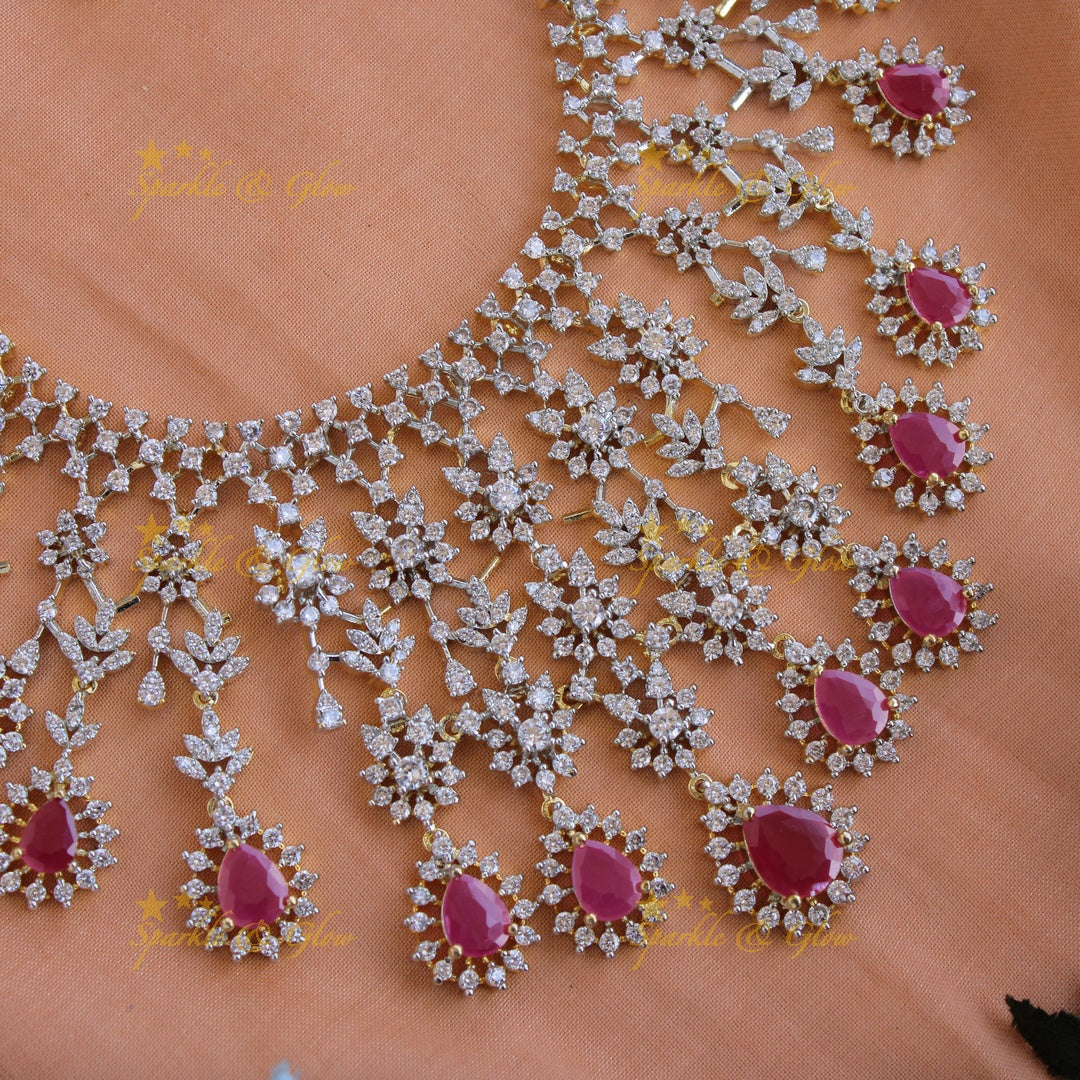 Gorgeous Floral drop design American diamond long necklace with maang tikka with ruby - pink