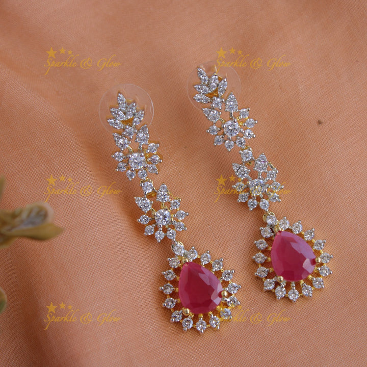 Gorgeous Floral drop design American diamond long necklace with maang tikka with ruby - pink