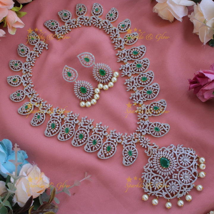 Exclusive Mango Floral design American diamond long necklace with pearls and ruby - pink