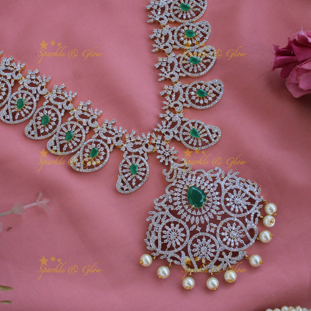 Exclusive Mango Floral design American diamond long necklace with pearls and emerald - Sparkle and Glow - Back Thread - 