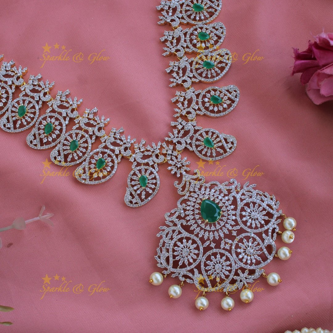 Exclusive Mango Floral design American diamond long necklace with pearls and emerald - Sparkle and Glow - Back Thread - 