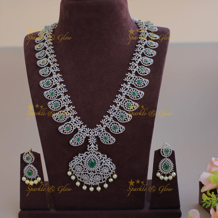Exclusive Mango Floral design American diamond long necklace with pearls and emerald - Sparkle and Glow - Back Thread - 