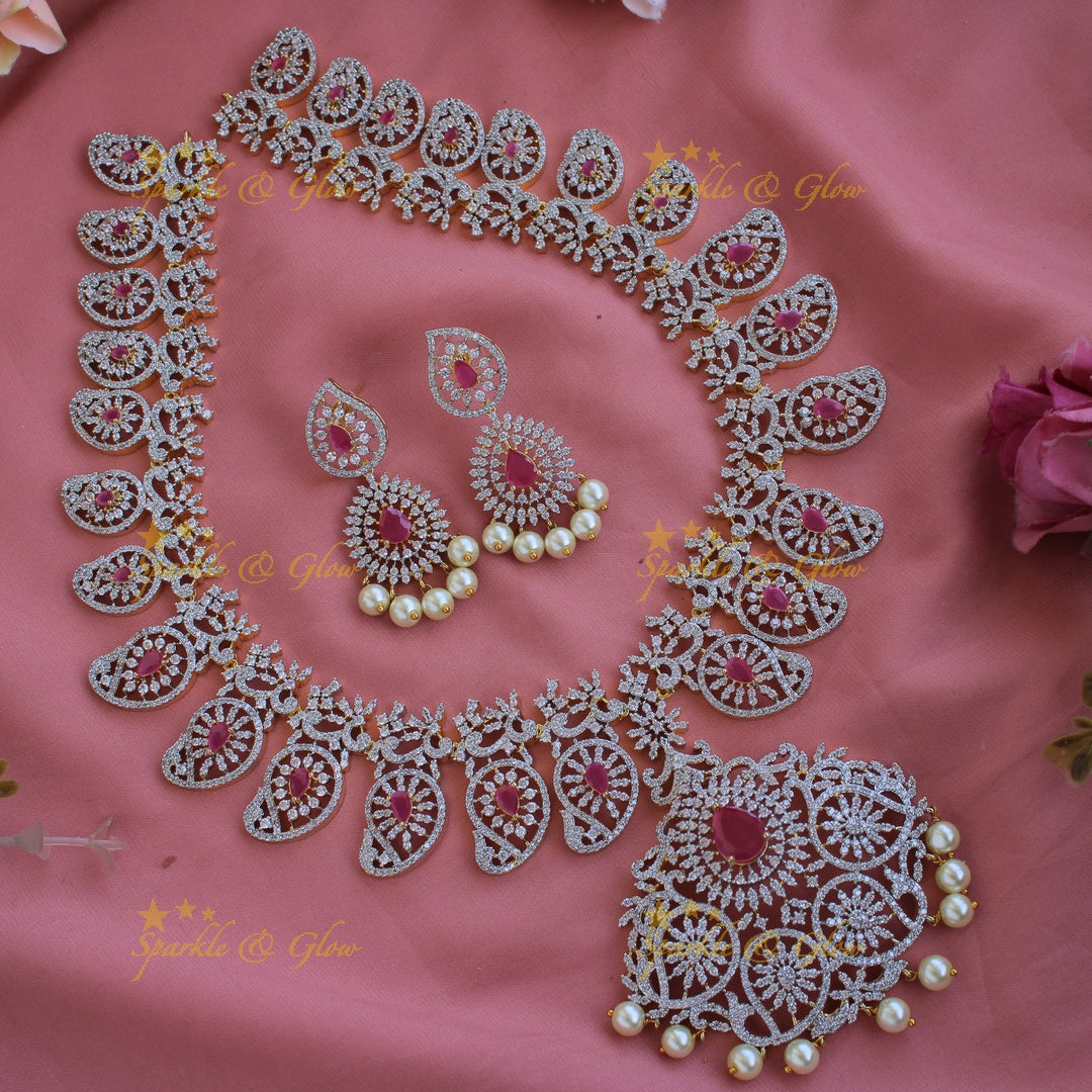 Exclusive Mango Floral design American diamond long necklace with pearls and ruby - pink