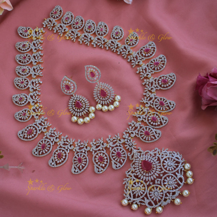 Exclusive Mango Floral design American diamond long necklace with pearls and ruby - pink