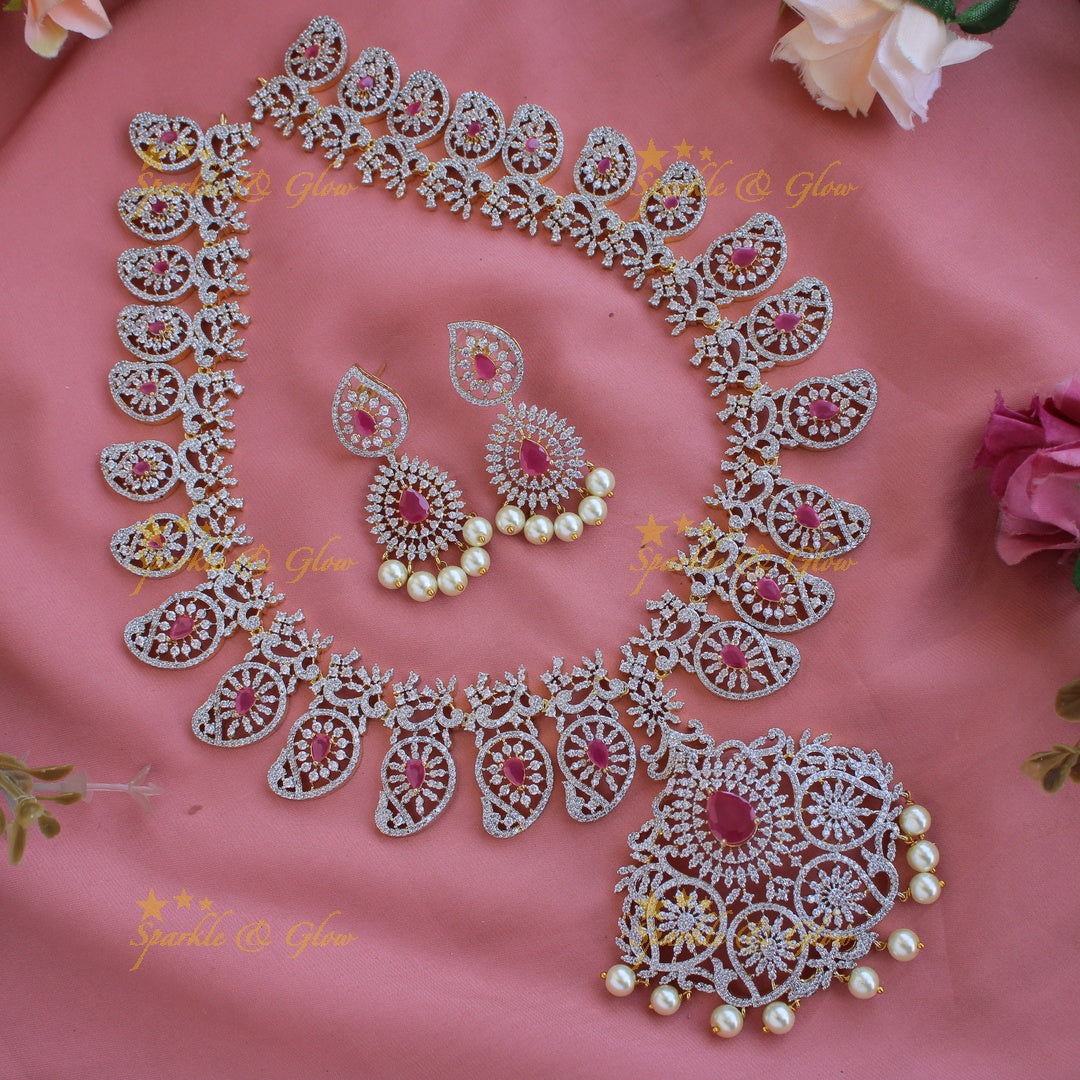 Exclusive Mango Floral design American diamond long necklace with pearls and ruby - pink