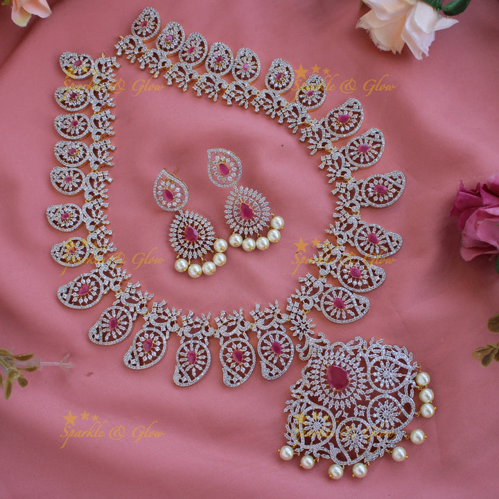 Exclusive Mango Floral design American diamond long necklace with pearls and ruby - pink