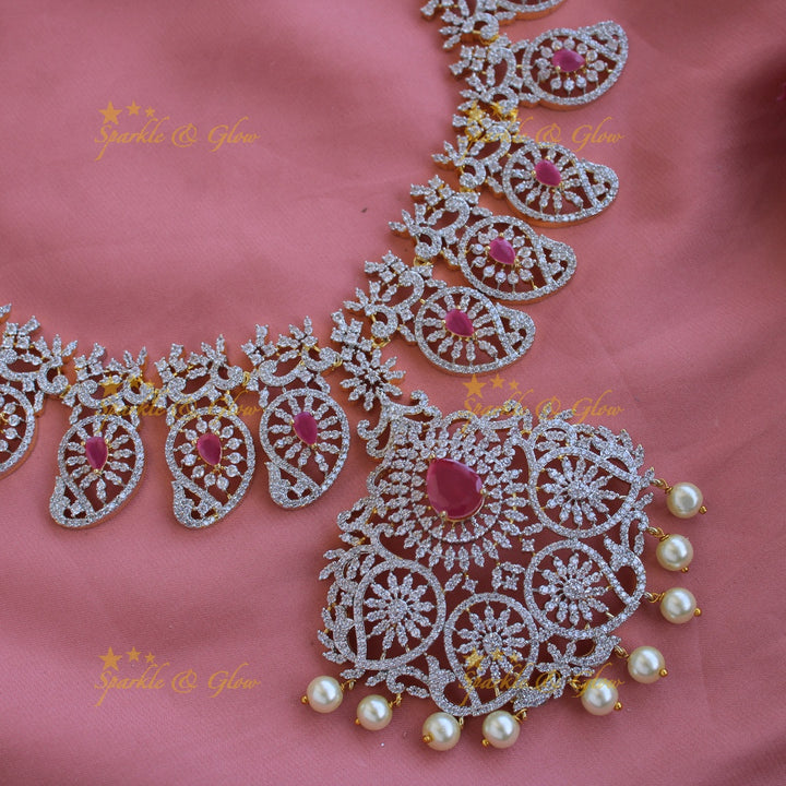 Exclusive Mango Floral design American diamond long necklace with pearls and ruby - pink