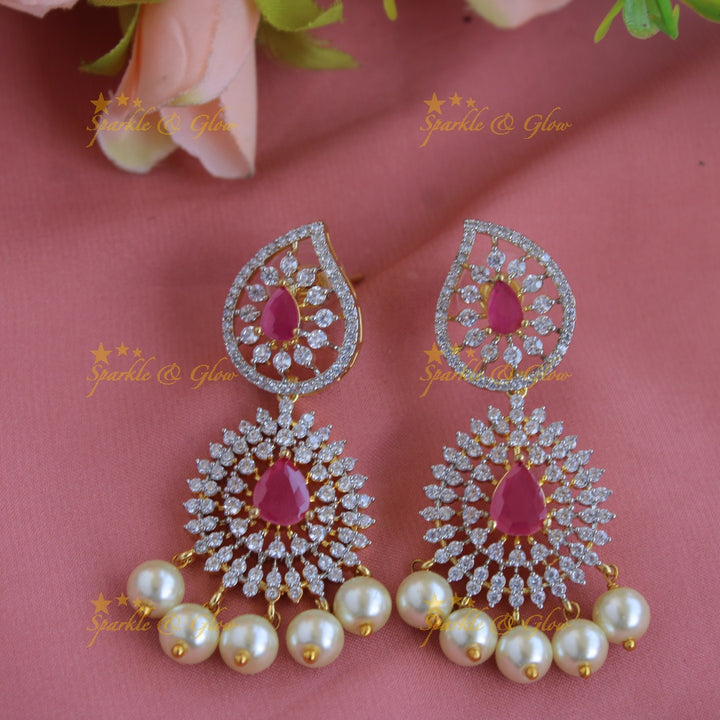 Exclusive Mango Floral design American diamond long necklace with pearls and ruby - pink