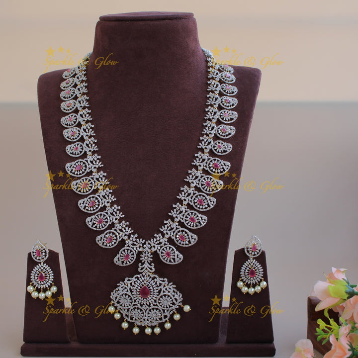 Exclusive Mango Floral design American diamond long necklace with pearls and ruby - pink