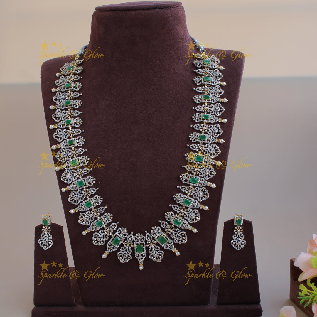 Exquisite Floral spike design American diamond long necklace with pearls and emerald