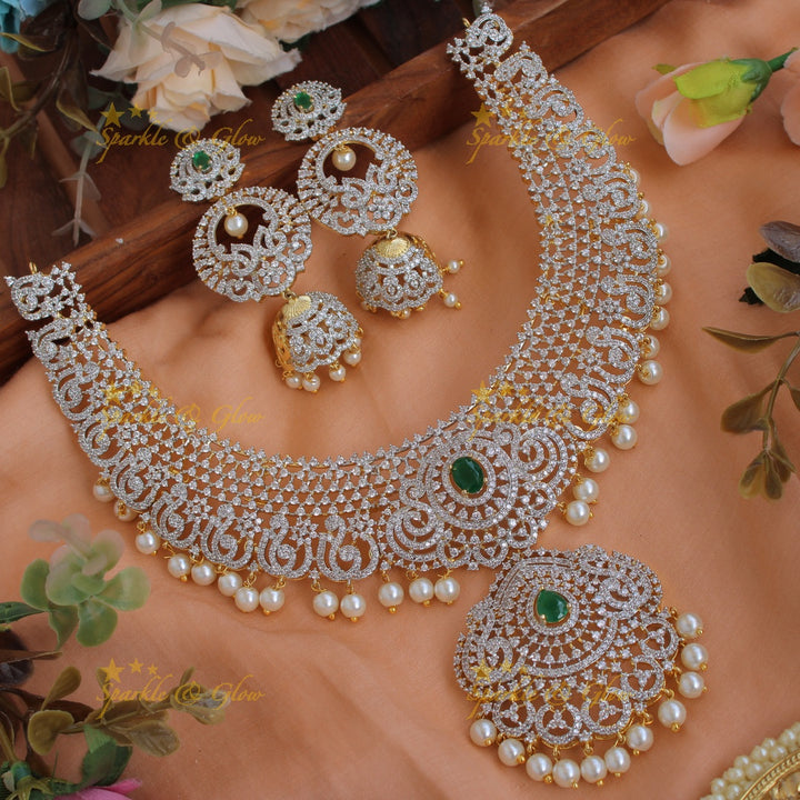 Elegant Peacock floral design American diamond short necklace with ruby and pearl drops - pink