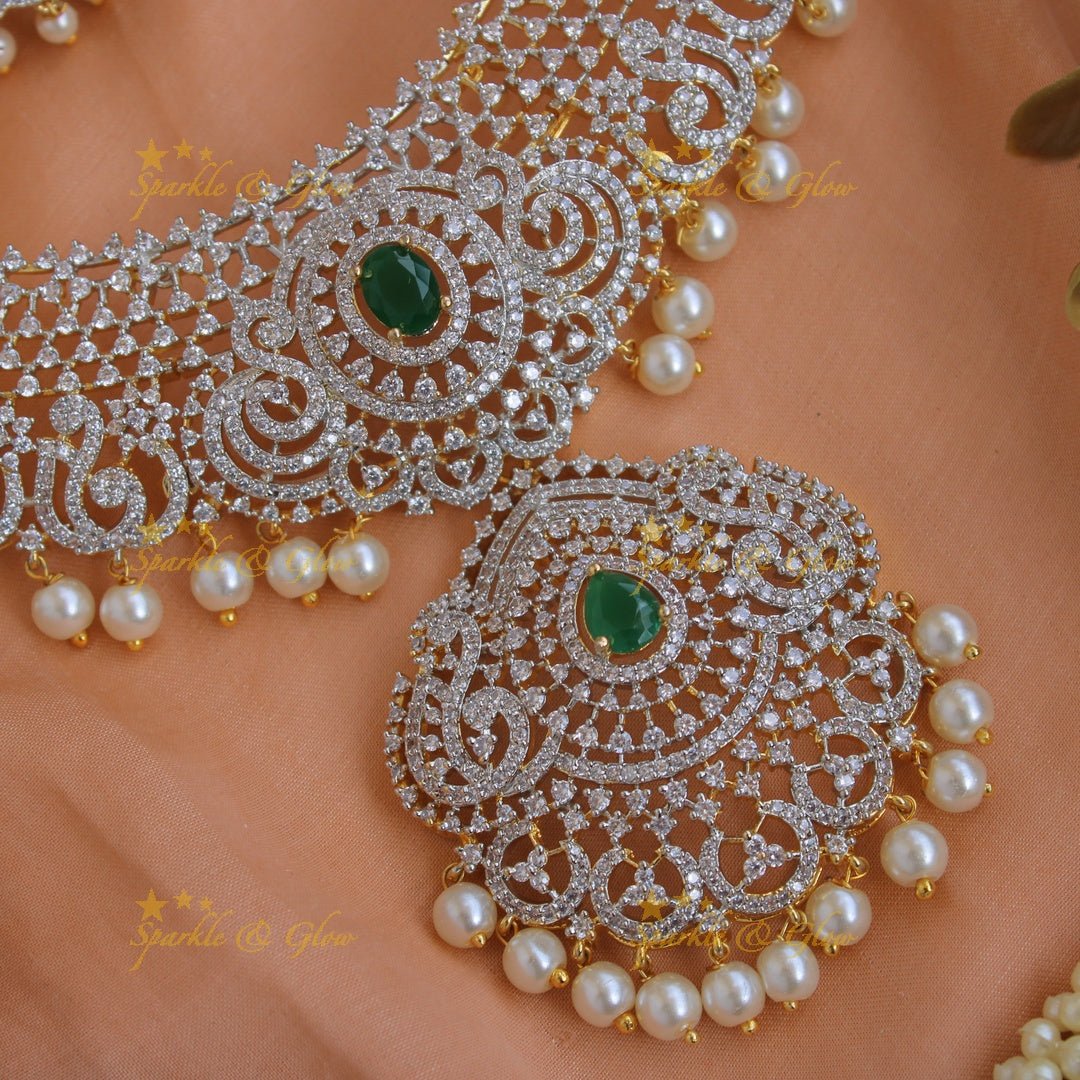 Elegant Peacock floral design American diamond short necklace with emerald and pearl drops - Sparkle and Glow - Back Thread - 