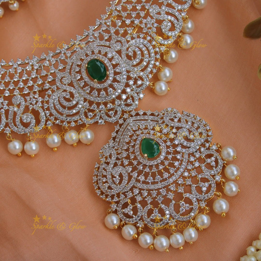 Elegant Peacock floral design American diamond short necklace with emerald and pearl drops - Sparkle and Glow - Back Thread - 