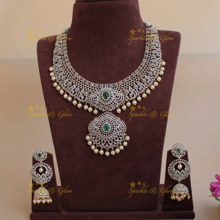 Elegant Peacock floral design American diamond short necklace with emerald and pearl drops - Sparkle and Glow - Back Thread - 