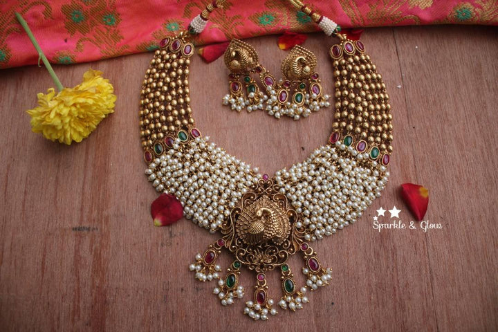 Gold alike polished peacock pendent gold cluster necklace - Sparkle and Glow