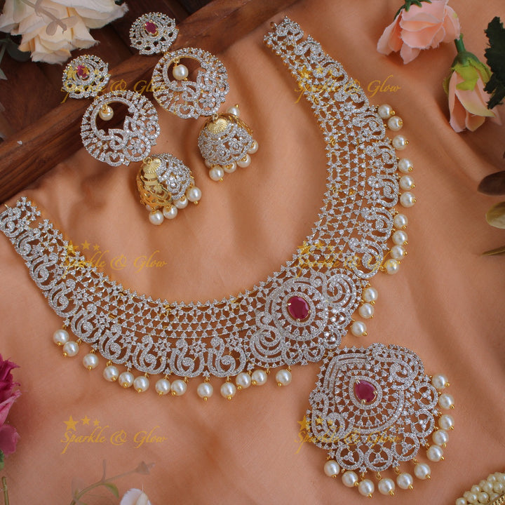 Elegant Peacock floral design American diamond short necklace with ruby and pearl drops - pink