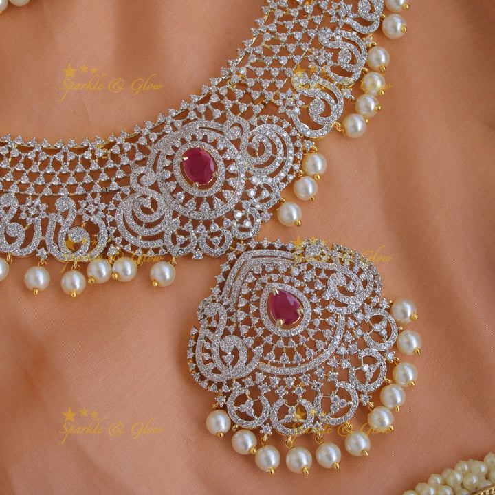 Elegant Peacock floral design American diamond short necklace with ruby and pearl drops - pink