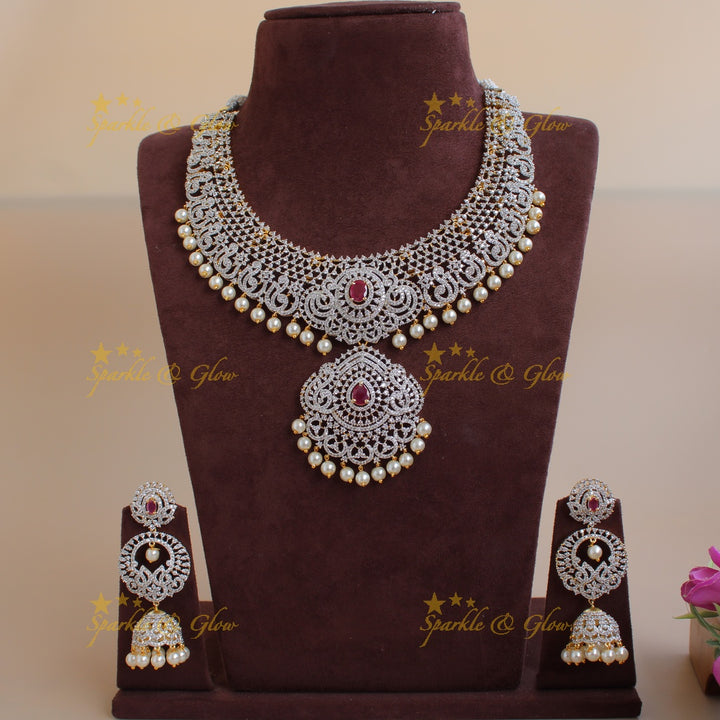 Elegant Peacock floral design American diamond short necklace with ruby and pearl drops - pink