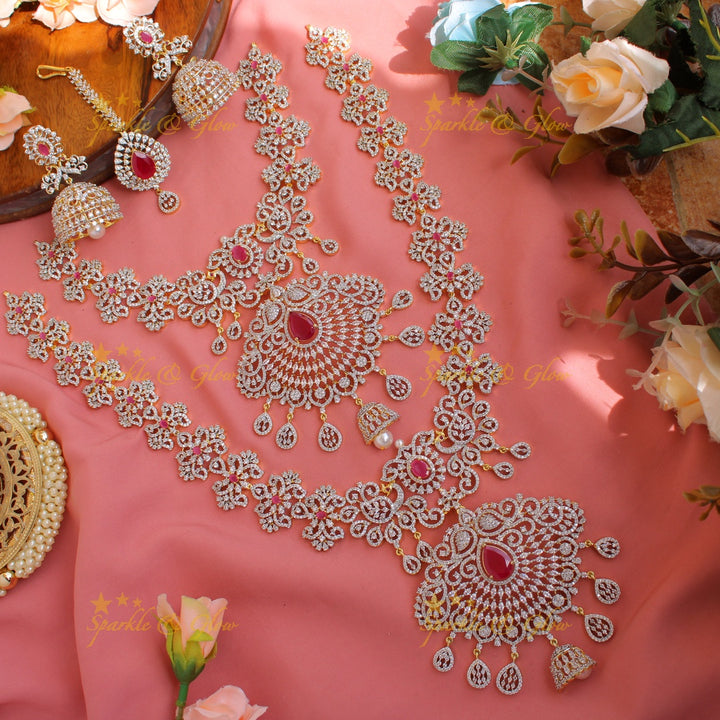 Grand Peacock Floral Bridal  American diamond necklace set with jhumuka drops with maang tikka - green