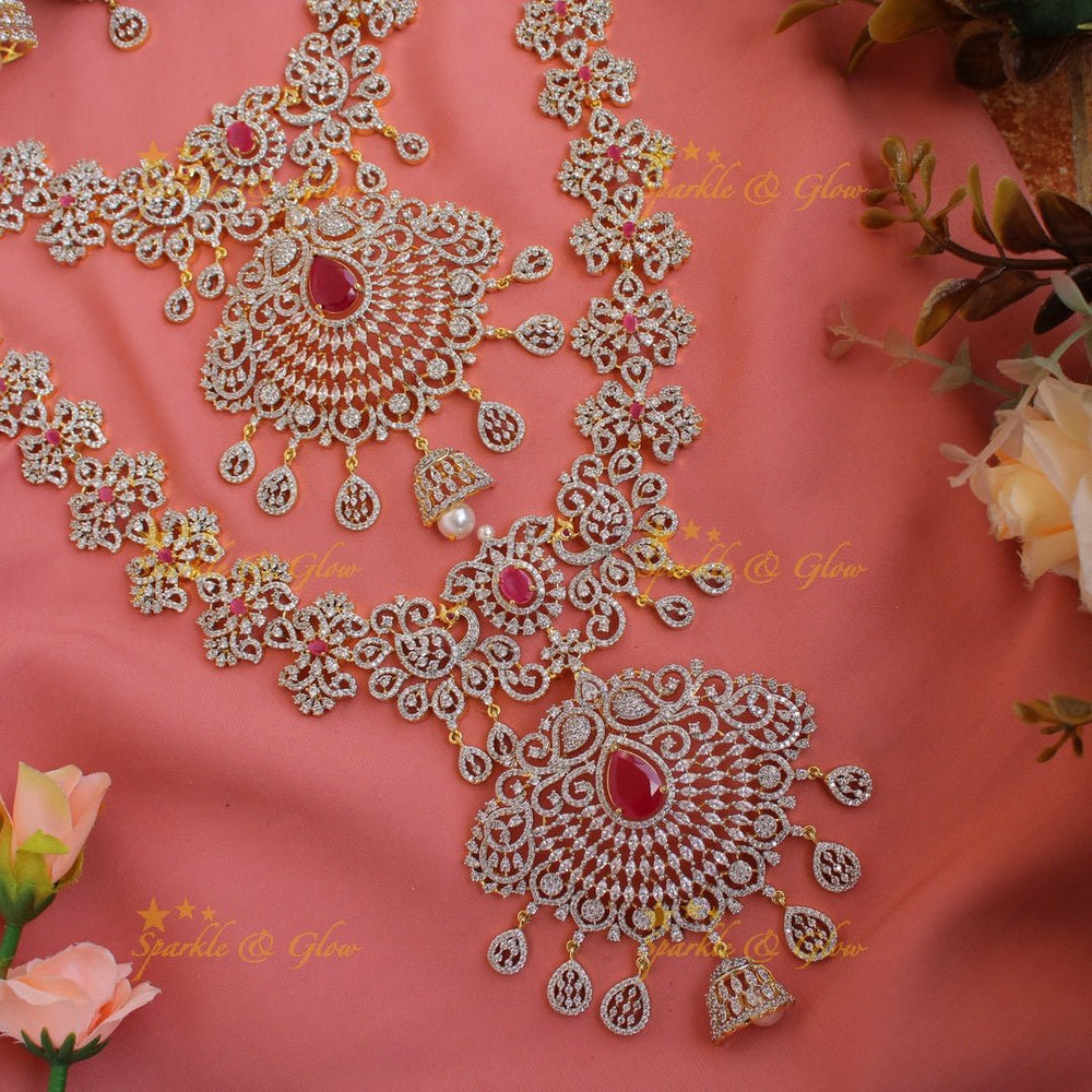 Grand Peacock Floral Bridal American diamond necklace set with jhumuka drops with maang tikka - Sparkle and Glow - Back Thread - 