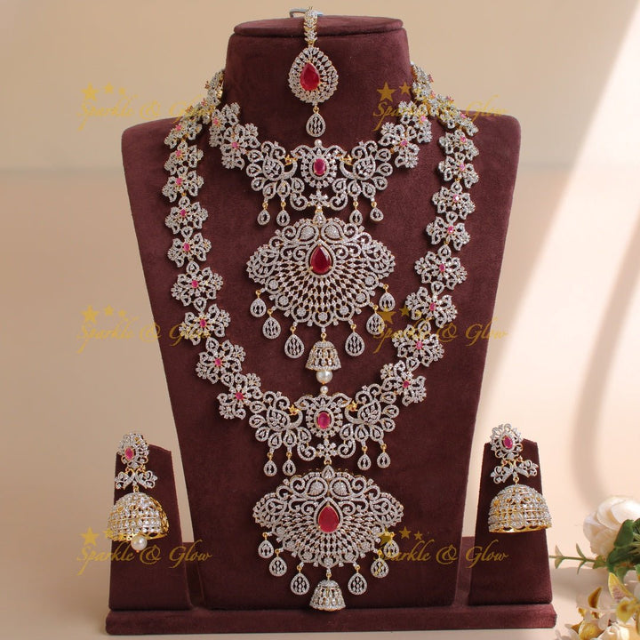 Grand Peacock Floral Bridal American diamond necklace set with jhumuka drops with maang tikka - Sparkle and Glow - Back Thread - 