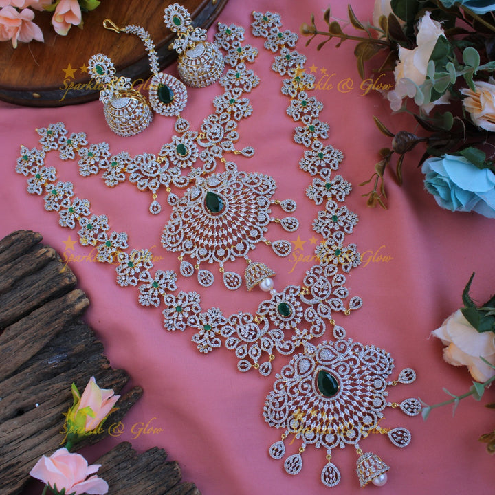 Grand Peacock Floral Bridal  American diamond necklace set with jhumuka drops with maang tikka - green
