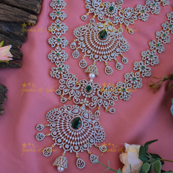 Grand Peacock Floral Bridal  American diamond necklace set with jhumuka drops with maang tikka - green