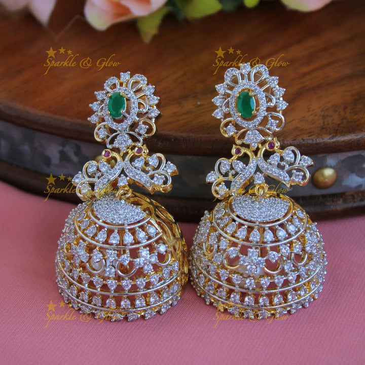 Grand Peacock Floral Bridal  American diamond necklace set with jhumuka drops with maang tikka - green