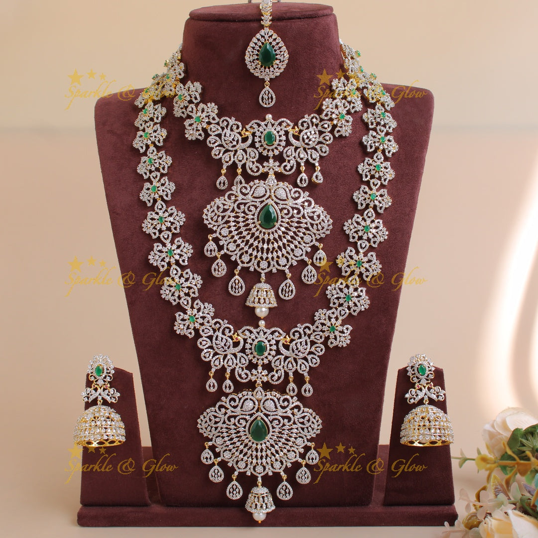 Grand Peacock Floral Bridal  American diamond necklace set with jhumuka drops with maang tikka - green