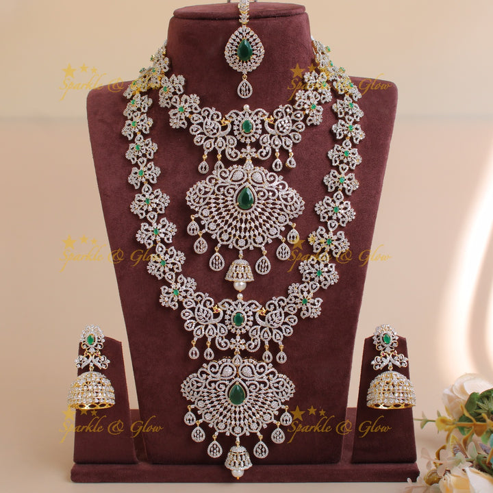 Grand Peacock Floral Bridal  American diamond necklace set with jhumuka drops with maang tikka - green