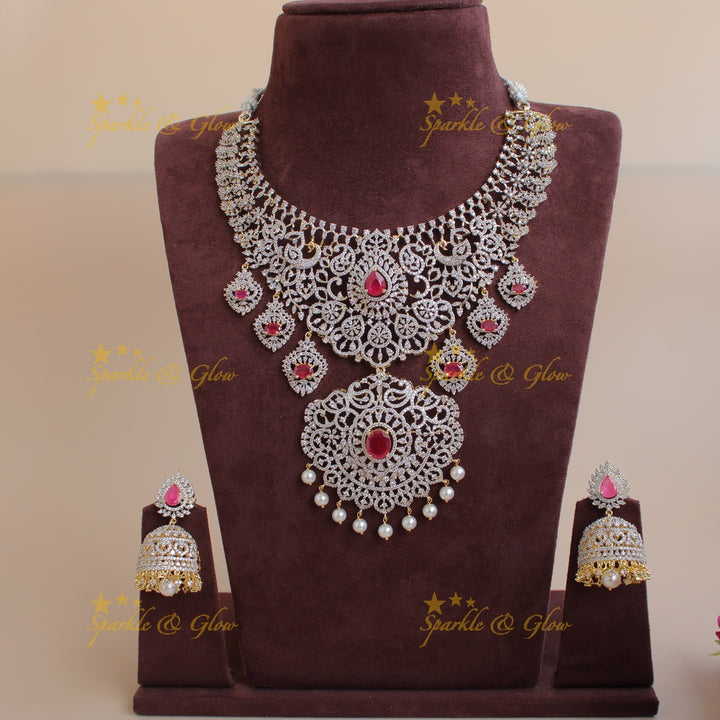 Sparkling Peacock floral design American diamond short necklace with ruby and floral drops - pink